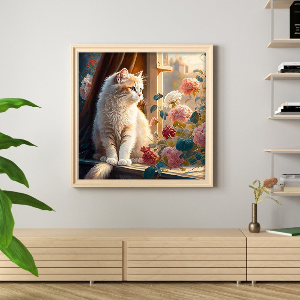 Cats And Flowers On Windowsill - Full 18CT Stamped Cross Stitch 30x30CM - Huacan