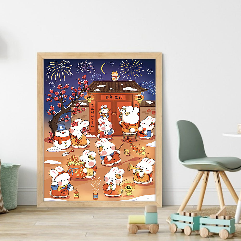 New Year Rabbit - Full 11CT Stamped Cross Stitch 40x50CM - Huacan