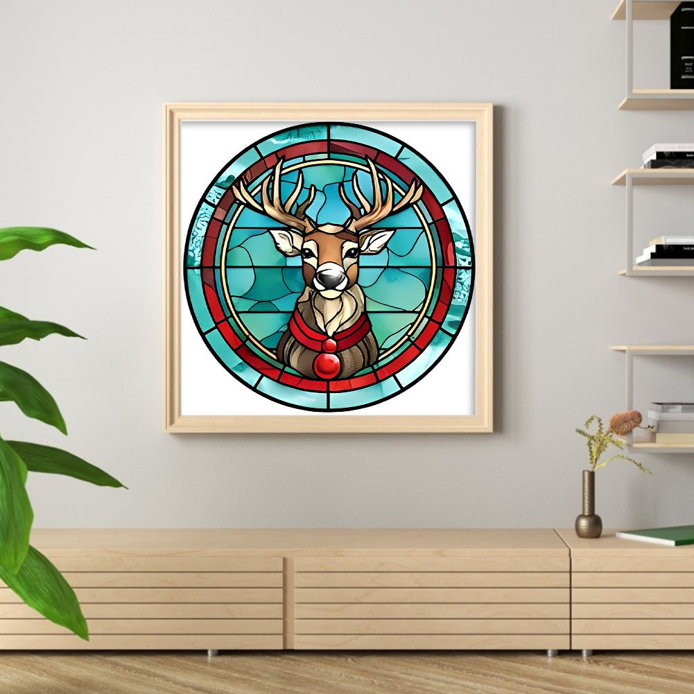 Glass Painting - Christmas Elk - Full 18CT Stamped Cross Stitch 20x20CM - Huacan
