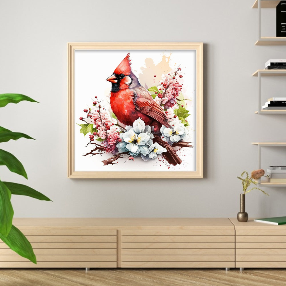 Red Bird With Flowers And Plants - Full 18CT Stamped Cross Stitch 20x20CM - Huacan