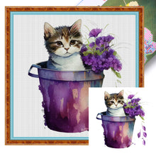 Load image into Gallery viewer, Yishu - Cat With Teacup Flowers - 50*50CM 11CT 3 Stamped Cross Stitch
