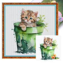Load image into Gallery viewer, Yishu - Cat With Teacup Flowers - 50*50CM 11CT 3 Stamped Cross Stitch