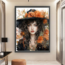 Load image into Gallery viewer, Huancan - Autumn Flowers And Black Hat Woman - 50*65CM 11CT 3 Stamped Cross Stitch