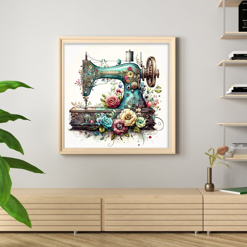 Vintage Floral Sewing Machine - Full 14CT Stamped Cross Stitch 40x40CM - Huacan