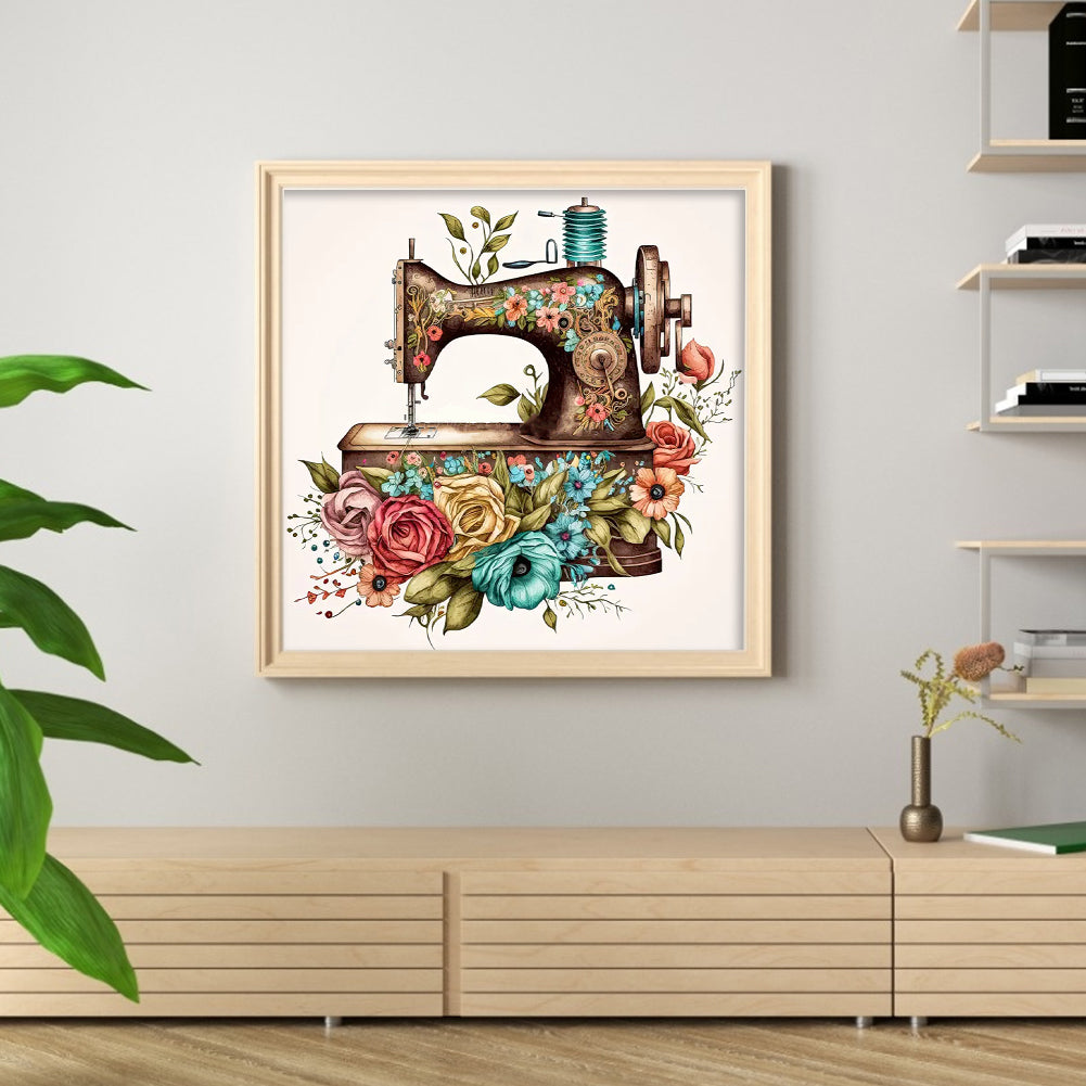 Vintage Floral Sewing Machine - Full 14CT Stamped Cross Stitch 40x40CM - Huacan