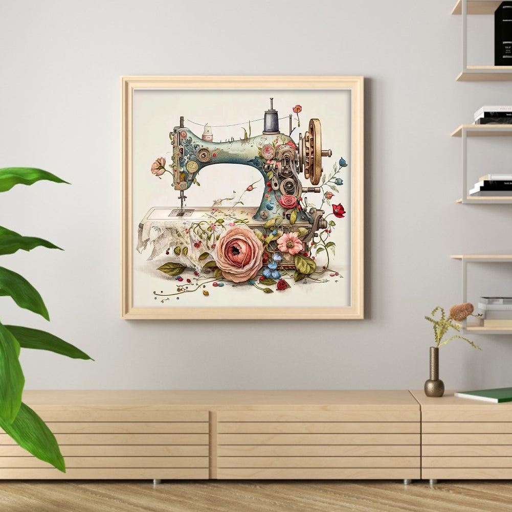 Vintage Floral Sewing Machine - Full 14CT Stamped Cross Stitch 40x40CM - Huacan