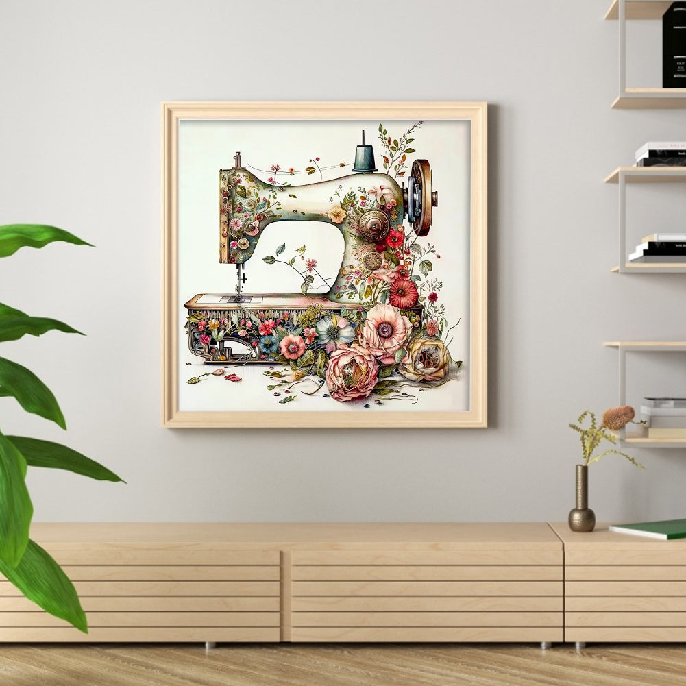 Vintage Floral Sewing Machine - Full 14CT Stamped Cross Stitch 40x40CM - Huacan