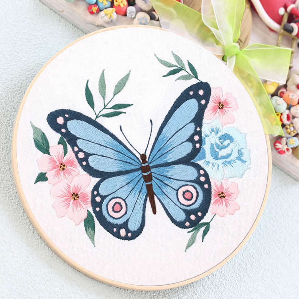 Butterfly - DIY Embroidery Cross Stitch Kit with Pattern Cotton Threads Needles Hoop 30x30CM/11.81x11.81in
