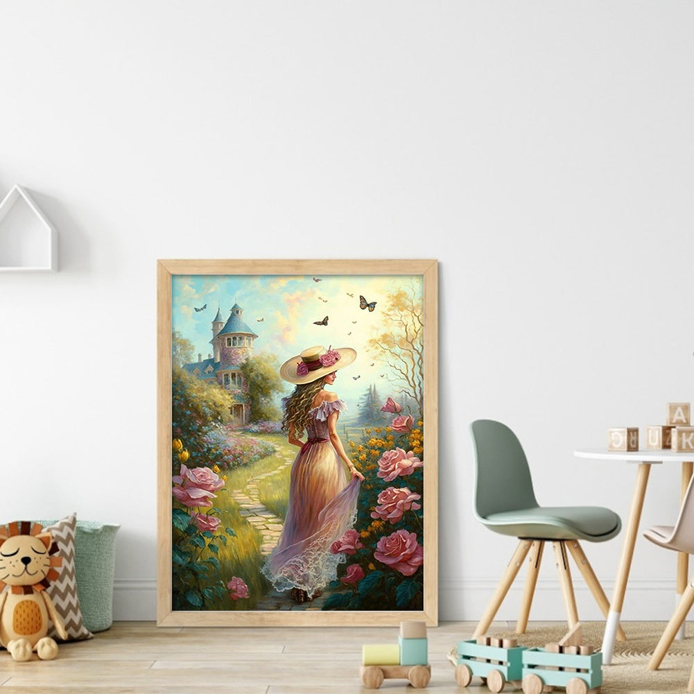 Girl In Castle Garden - Full 11CT Counted Cross Stitch 40x55CM - Huacan