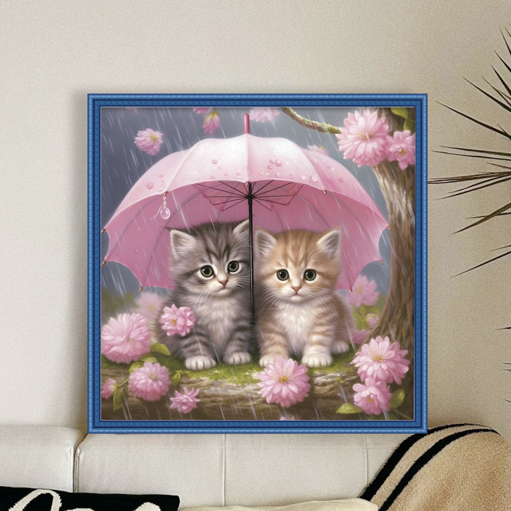 Cat Holding Umbrella With Flowers - Full 11CT Stamped Cross Stitch 40x40CM - Huacan