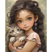 Load image into Gallery viewer, Yishu - Dark-Haired Girl And Kitten - 50*60CM 11CT 3 Stamped Cross Stitch