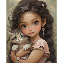 Load image into Gallery viewer, Yishu - Dark-Haired Girl And Kitten - 50*60CM 11CT 3 Stamped Cross Stitch