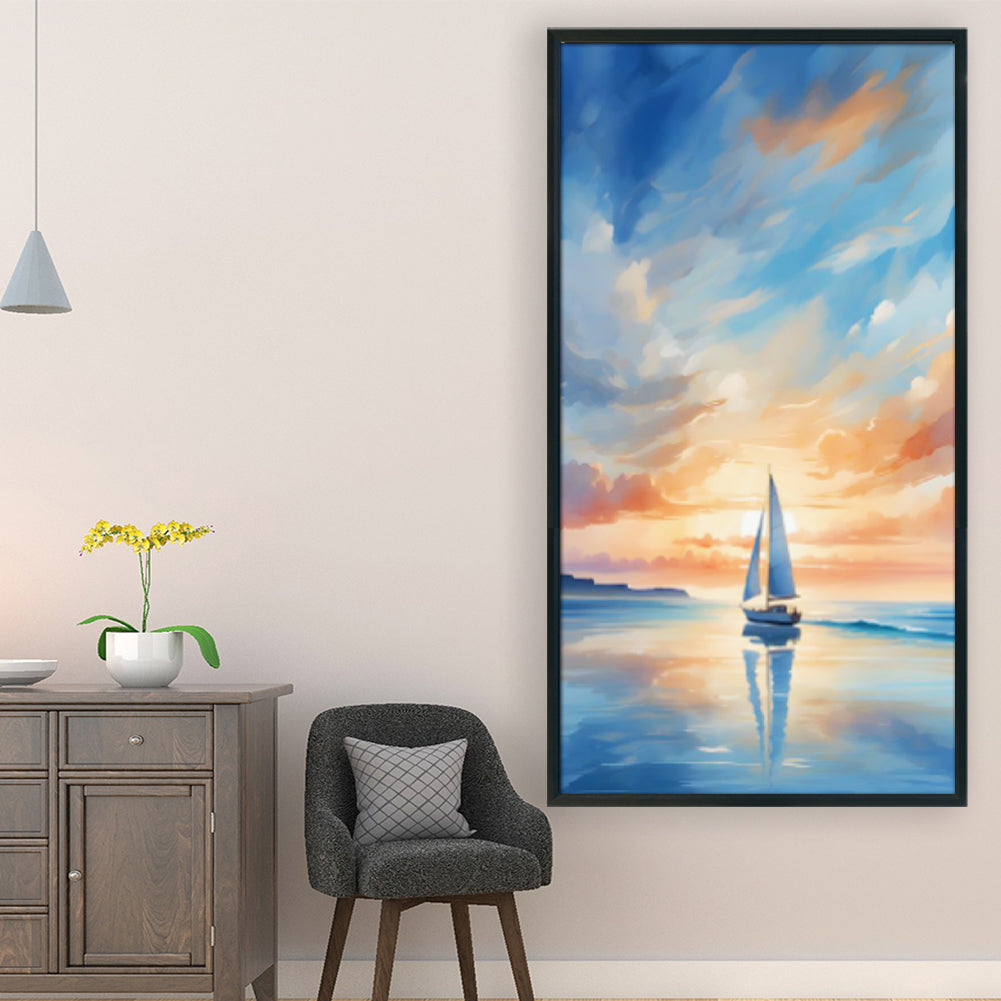 Sailing Boat On Sea At Sunset - Full 14CT Stamped Cross Stitch 40x70CM - Huacan