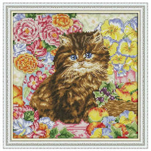 Load image into Gallery viewer, Joy Sunday - Cat Among Flowers - 30*30CM 14CT 2 Stamped Cross Stitch