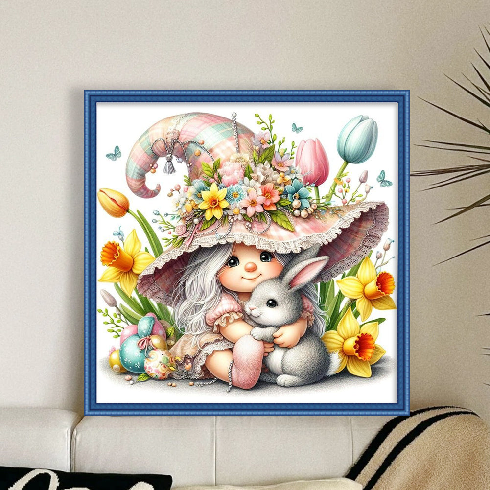 Girl And Gnome Holding Little Grey Rabbit - Full 11CT Stamped Cross Stitch 50x50CM - Yishu