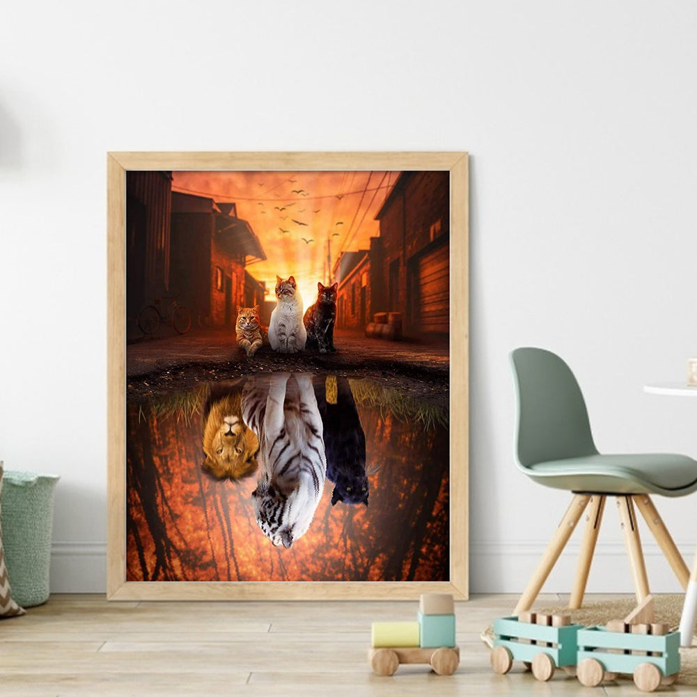 Reflection - Three Cats - Full 11CT Counted Cross Stitch 40x50CM - Diy