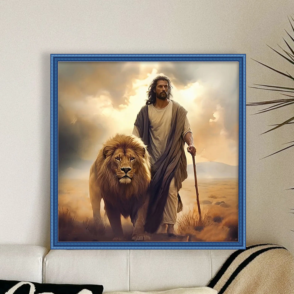 Man And Lion - Full 11CT Stamped Cross Stitch 40x40CM - Yishu