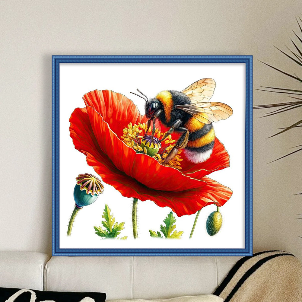 Bees And Poppies - Full 18CT Stamped Cross Stitch 25x25CM - Huacan