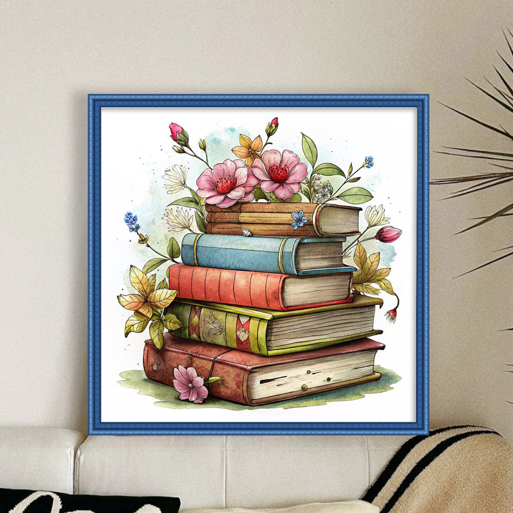 Stack Of Flower Books - Full 11CT Stamped Cross Stitch 40x40CM - Huacan