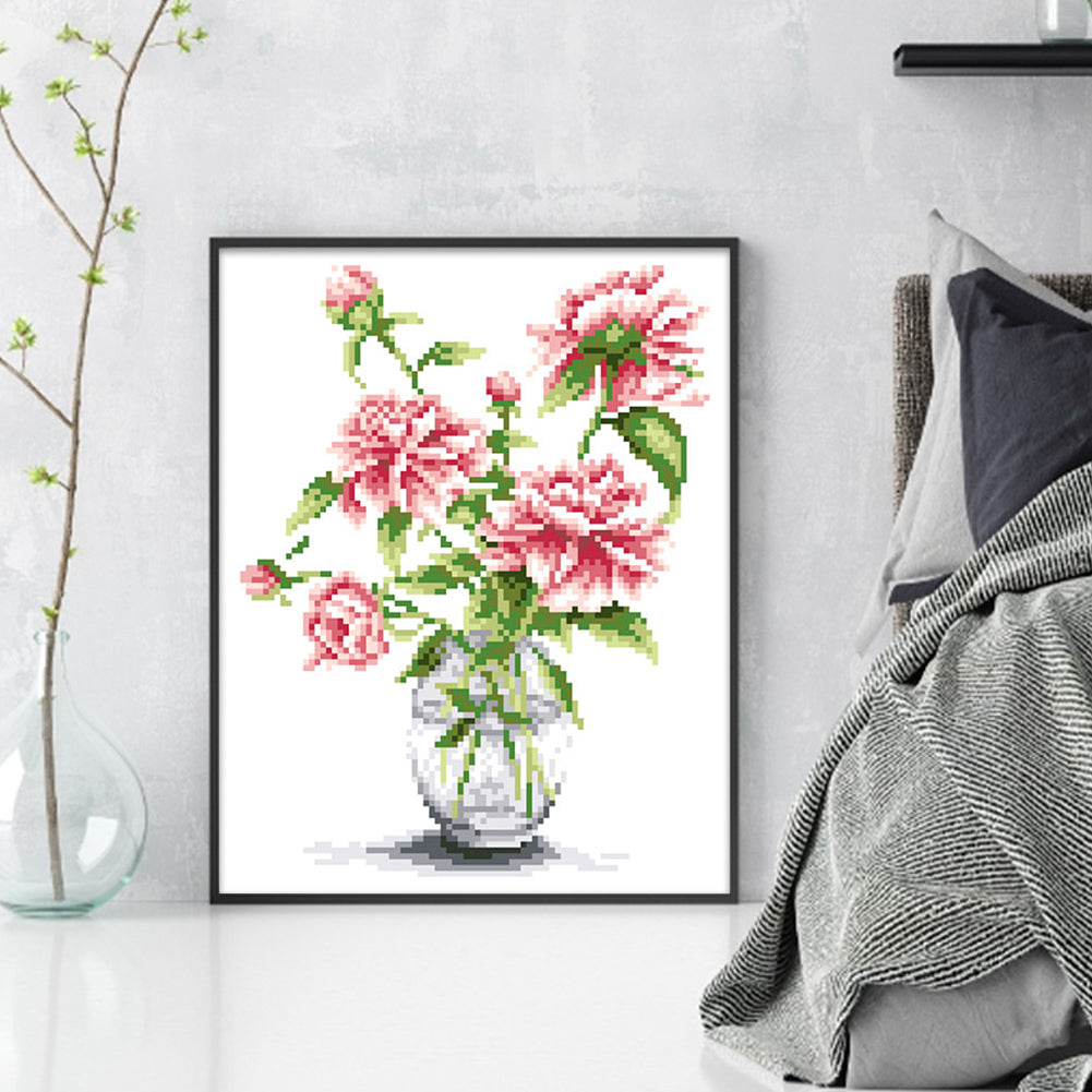 Peony in Vase - Partial 9CT Stamped Cross Stitch - Bead Embroidery 25x31CM/9.84x12.20in