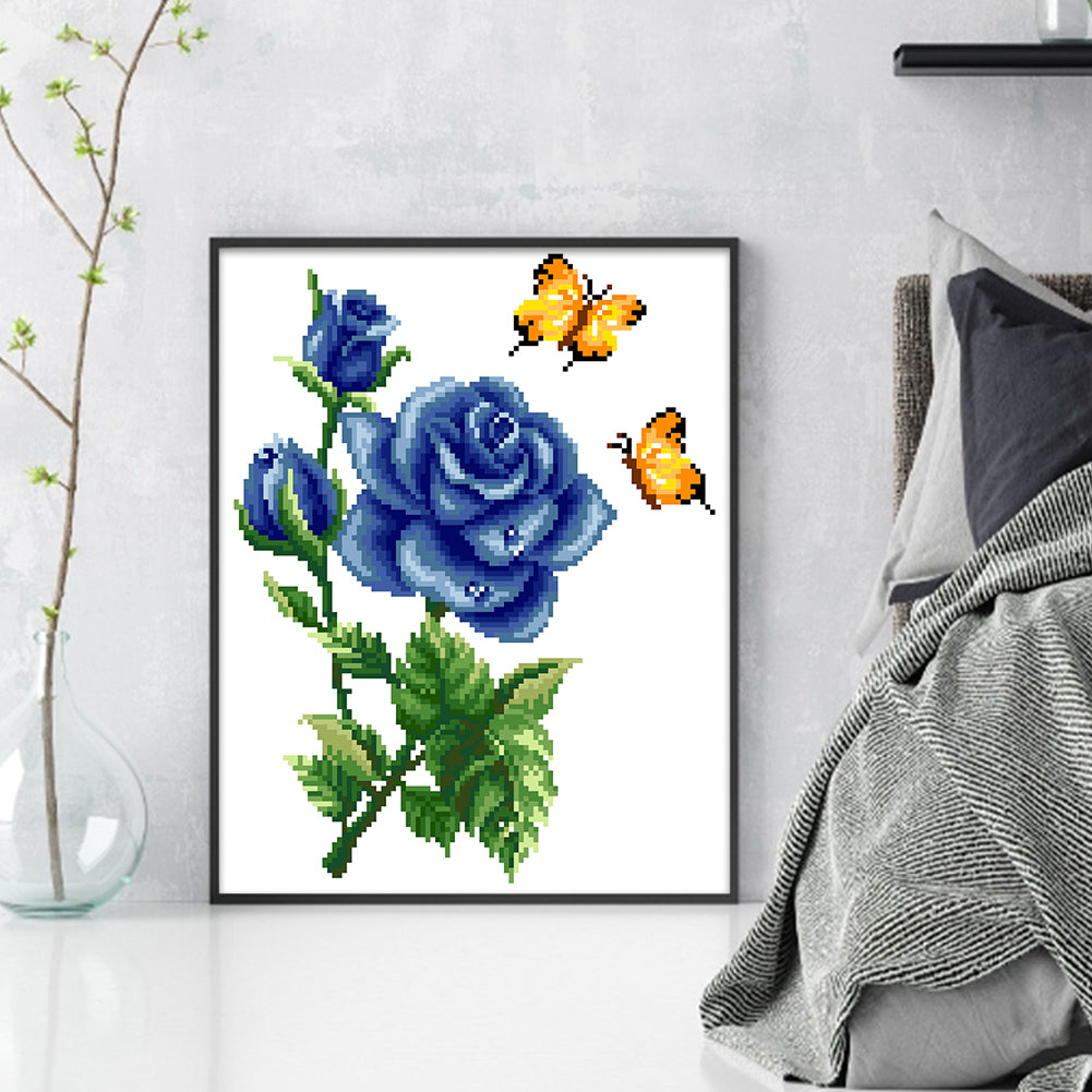 Butterfly Love - Blue - Partial 9CT Stamped Cross Stitch - Bead Embroidery 30x35CM/11.81x13.78in