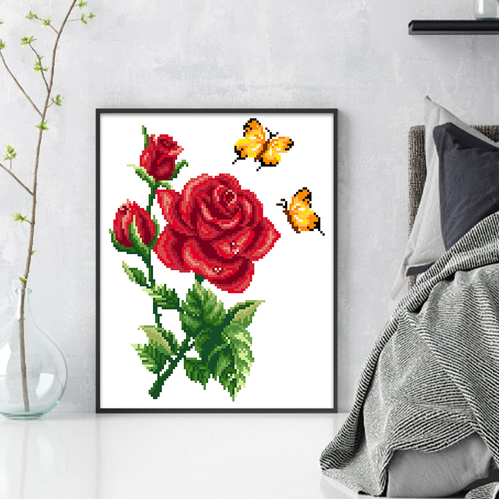 Butterfly Love - Red - Partial 9CT Stamped Cross Stitch - Bead Embroidery 30x35CM/11.81x13.78in