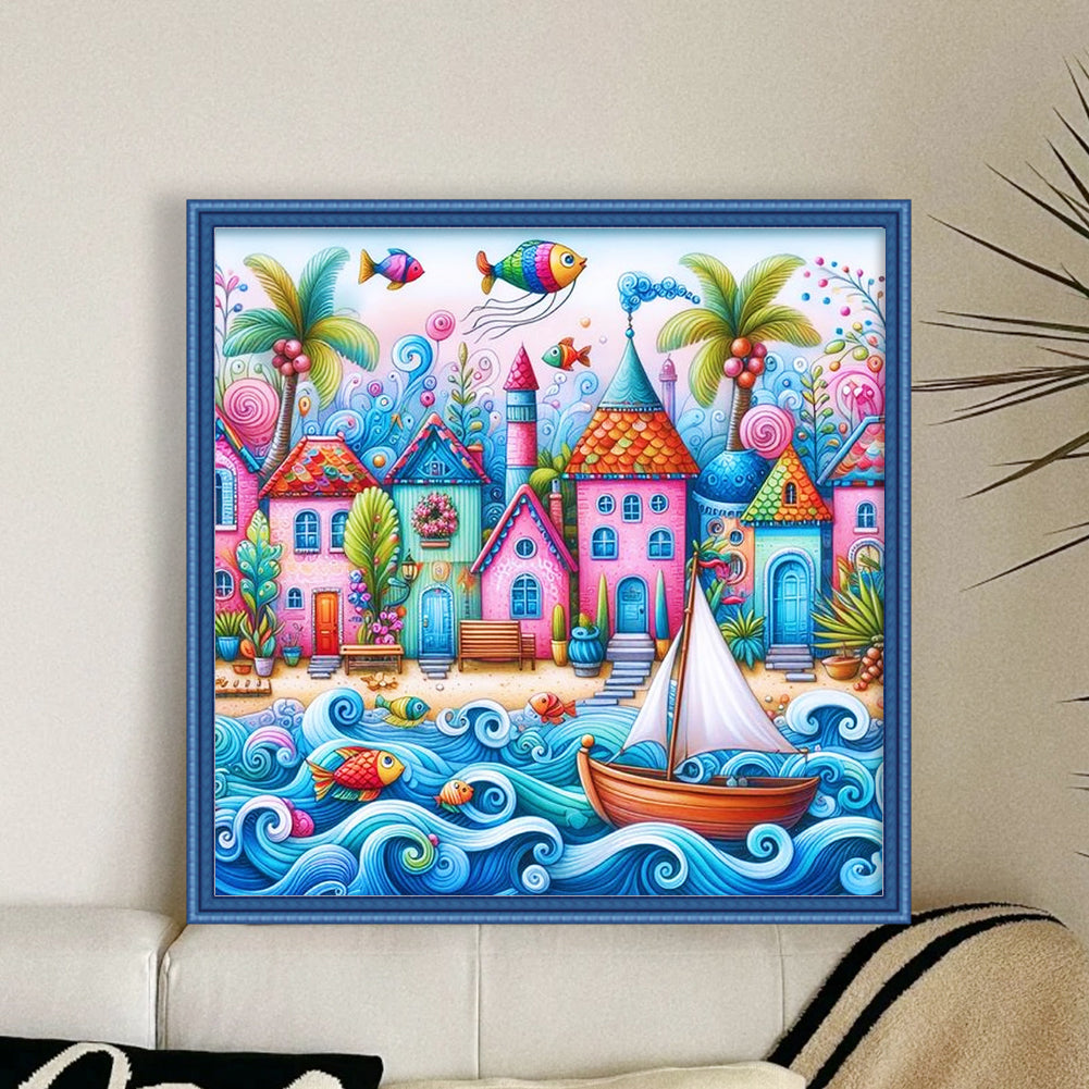 Colorful Cabin - Full 14CT Stamped Cross Stitch 40x40CM - Huacan