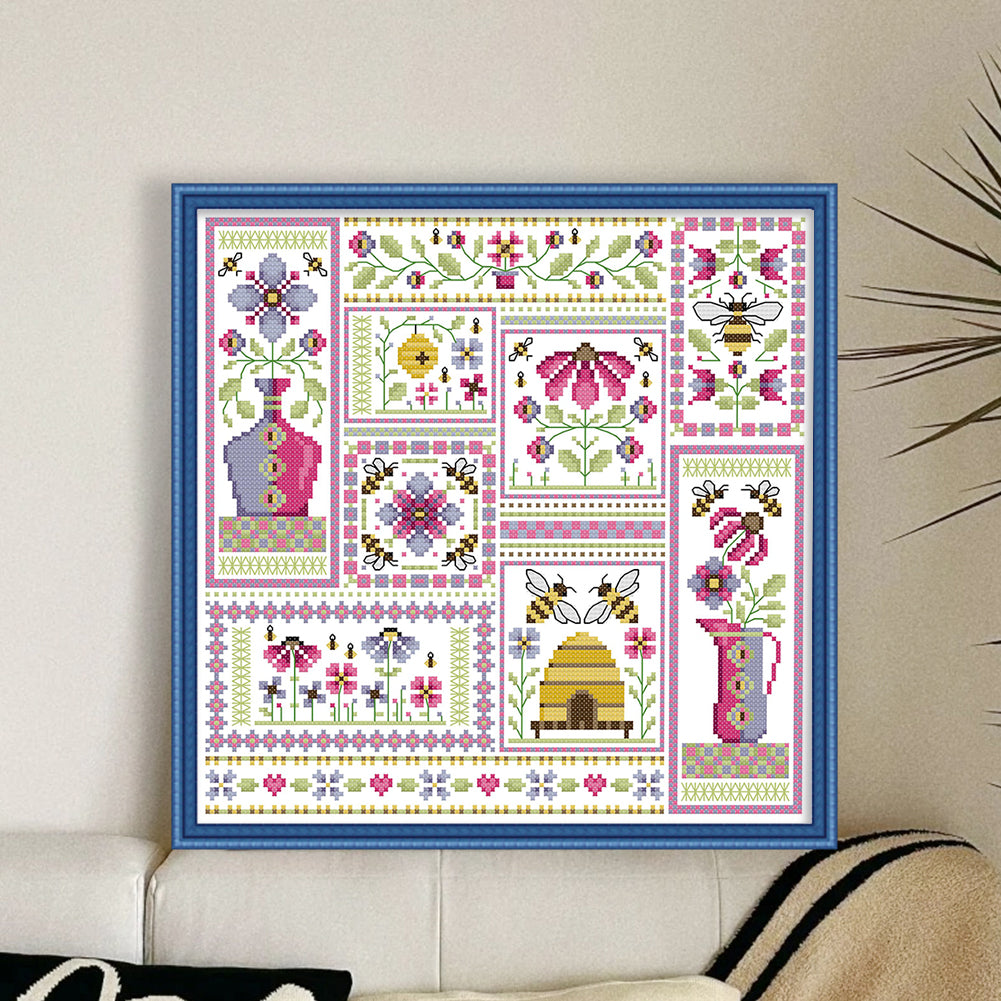 Bees In Garden - Partial 14CT Counted Cross Stitch 33x33CM - Joy Sunday Backstitch
