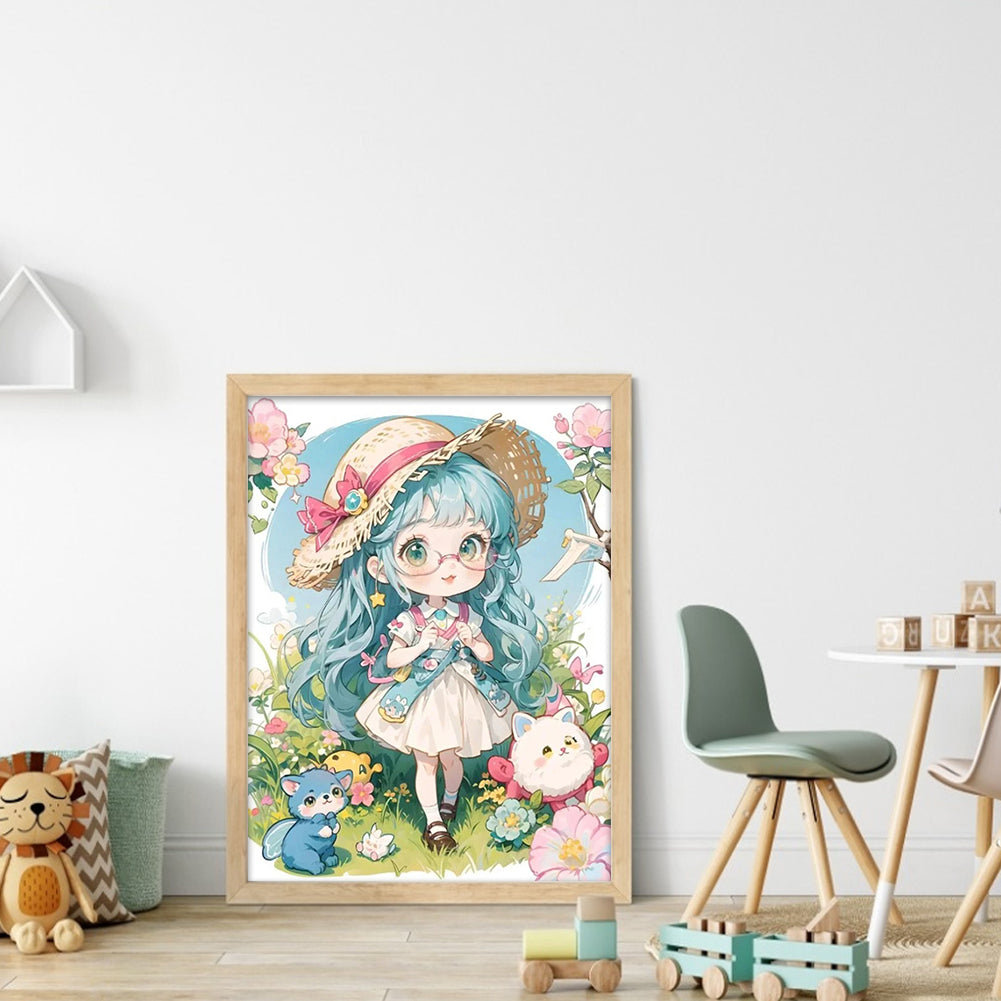 Little Girl And Animals In Garden - Full 11CT Stamped Cross Stitch 40x56CM - Yishu