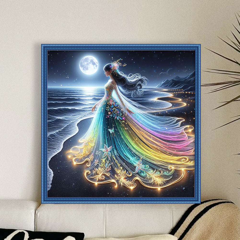 Girls Glowing By Seaside - Full 18CT Counted Cross Stitch 35x35CM - Huacan