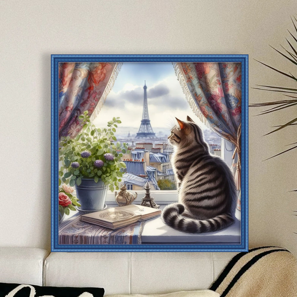 Cat By Window - Full 11CT Stamped Cross Stitch 40x40CM - Yishu
