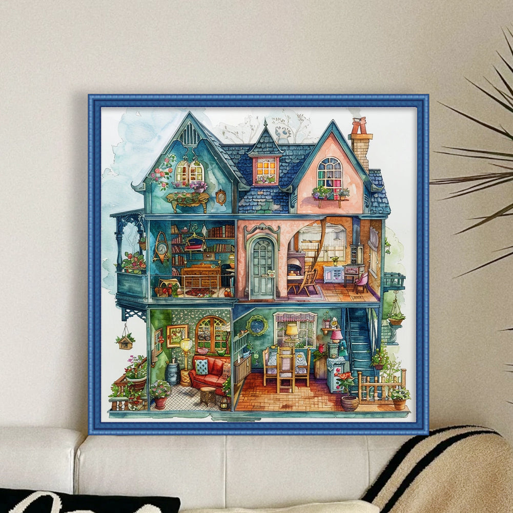 Blue Flower House - Full 14CT Stamped Cross Stitch 50x50CM - Huacan
