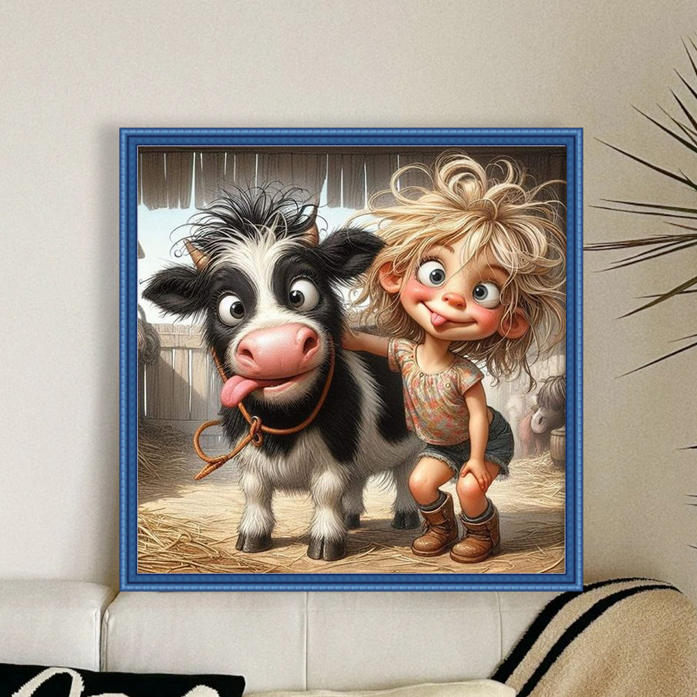 Girl And Cow - Full 11CT Stamped Cross Stitch 40x40CM - Yishu
