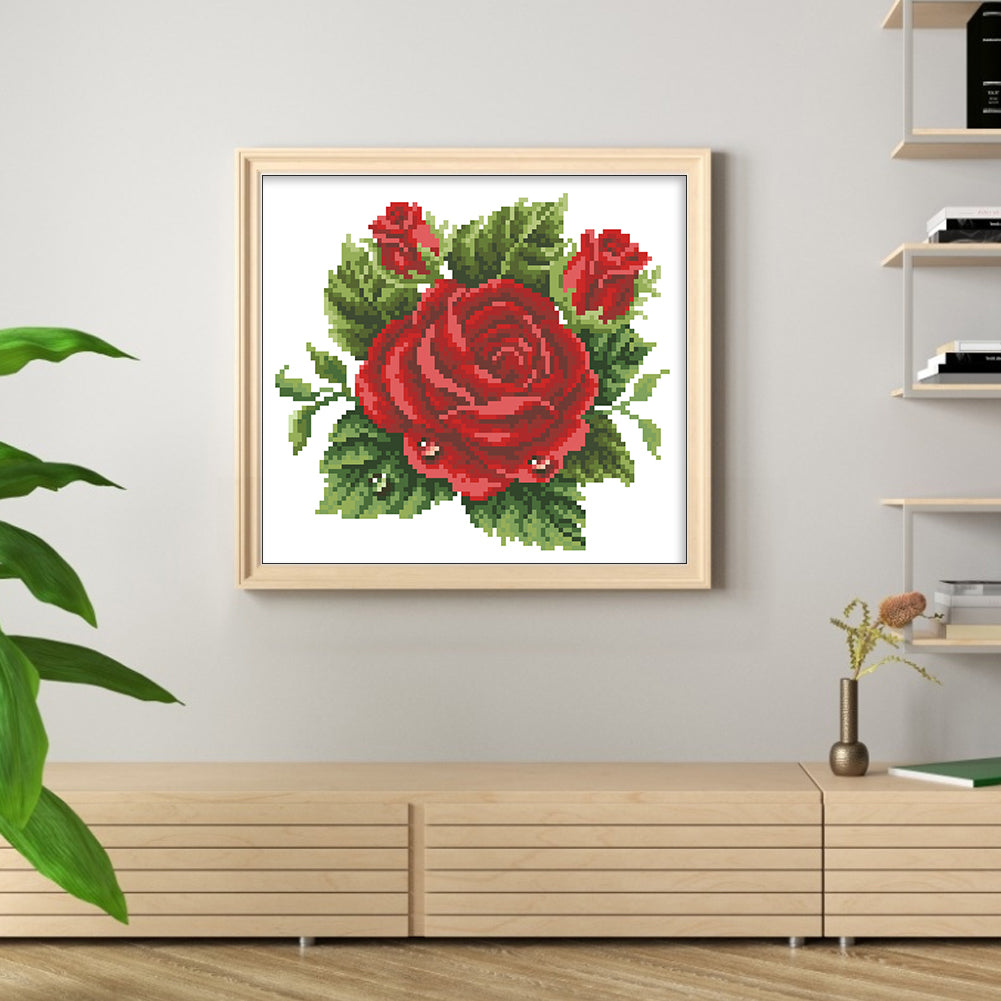Dewy Red Rose - Partial 9CT Stamped Cross Stitch - Bead Embroidery 27x24CM/10.63x9.45in
