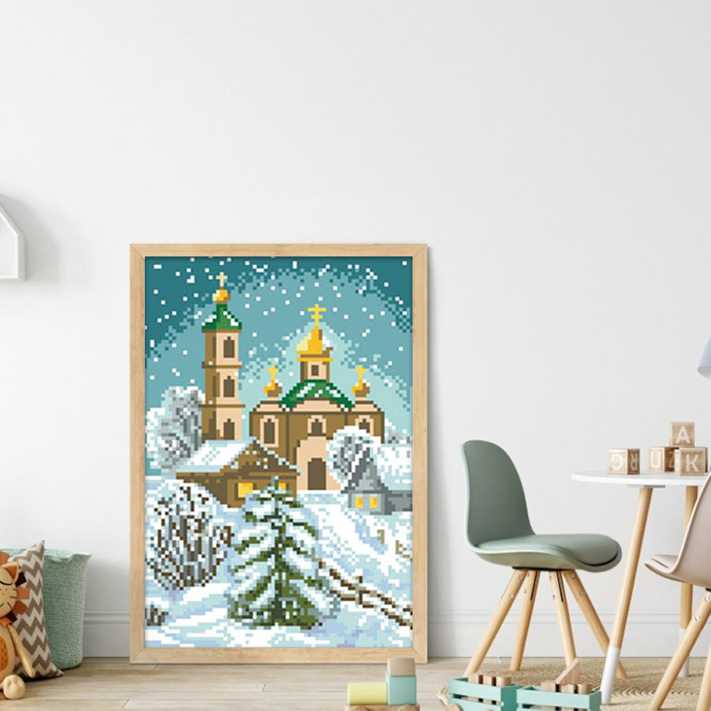 European Castle - Partial 9CT Stamped Cross Stitch - Bead Embroidery 22x32CM/8.66x12.60in
