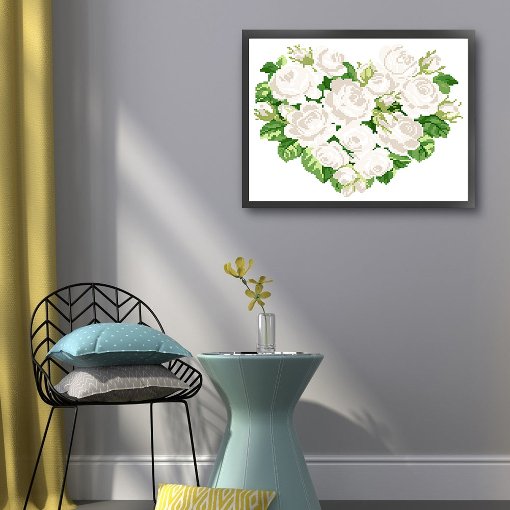 White Heart Rose - Partial 9CT Stamped Cross Stitch - Bead Embroidery 39x33CM/15.35x12.99in