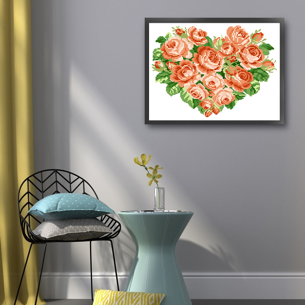 Orange Heart Rose - Partial 9CT Stamped Cross Stitch - Bead Embroidery 39x33CM/15.35x12.99in