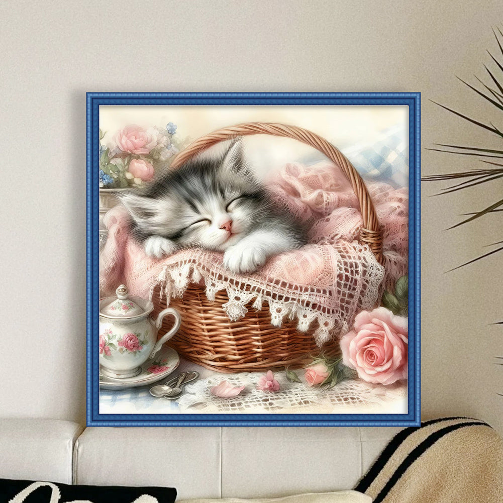 Cat Asleep In Pink Basket - Full 11CT Stamped Cross Stitch 40x40CM - Huacan
