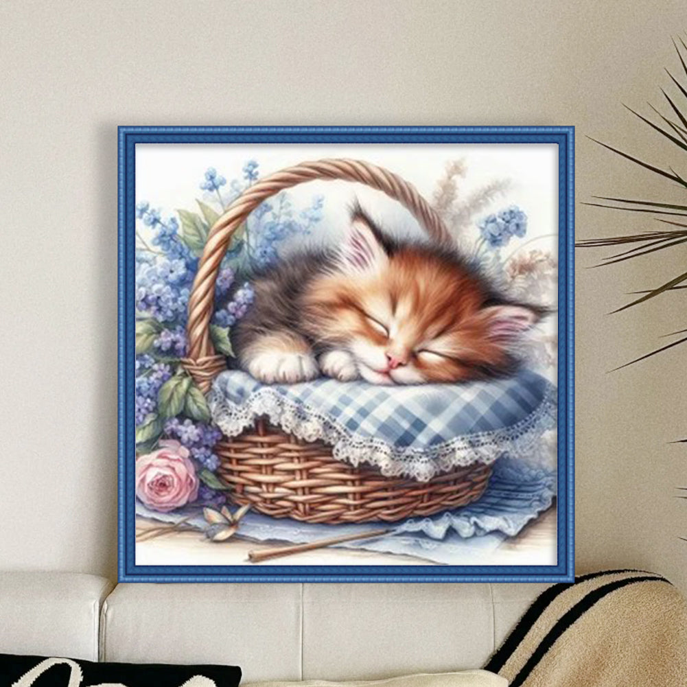 Cat Asleep In Blue Basket - Full 11CT Stamped Cross Stitch 40x40CM - Huacan