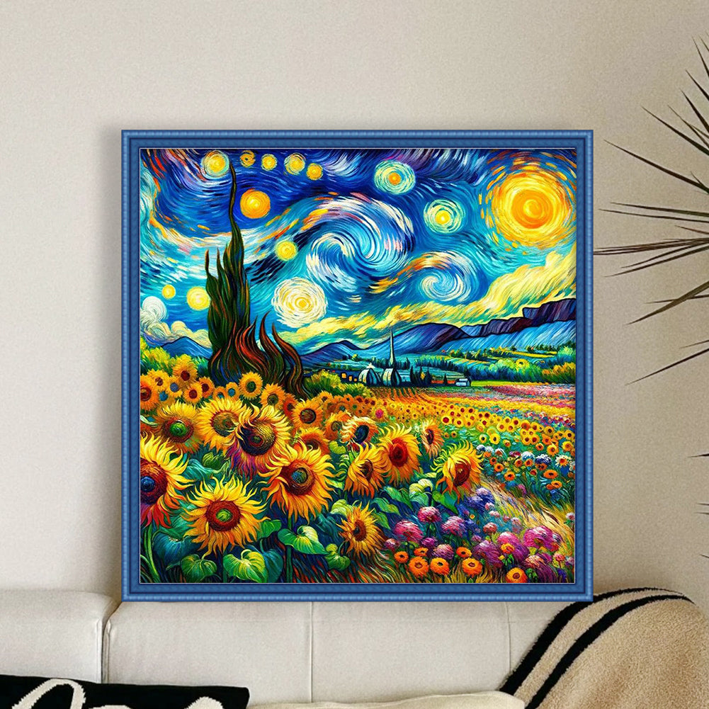 Sunflower Under Starry Sky - Full 18CT Counted Cross Stitch 50x50CM - Huacan