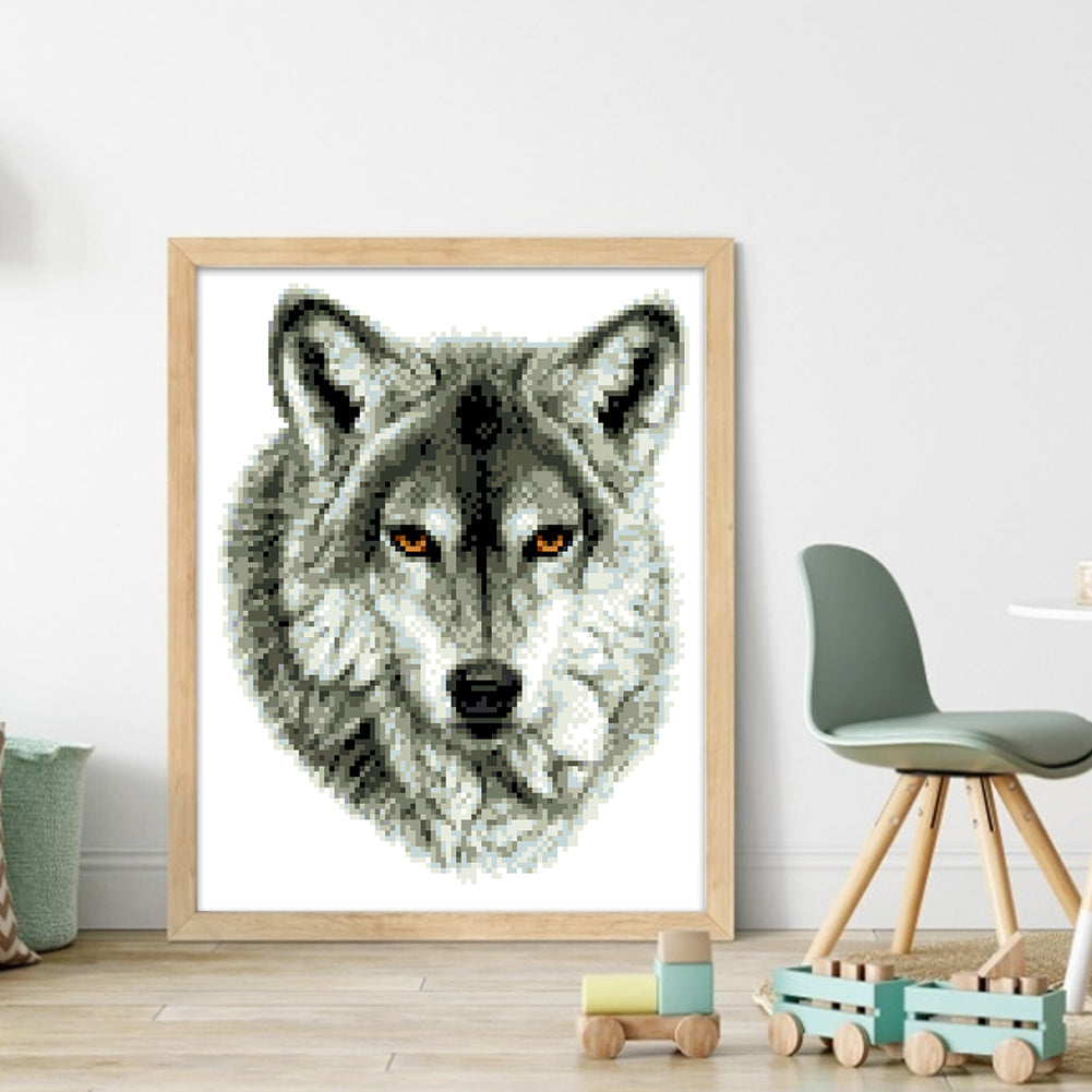 Grey Wolf - Partial 9CT Stamped Cross Stitch - Bead Embroidery 28x34CM/11.02x13.39in