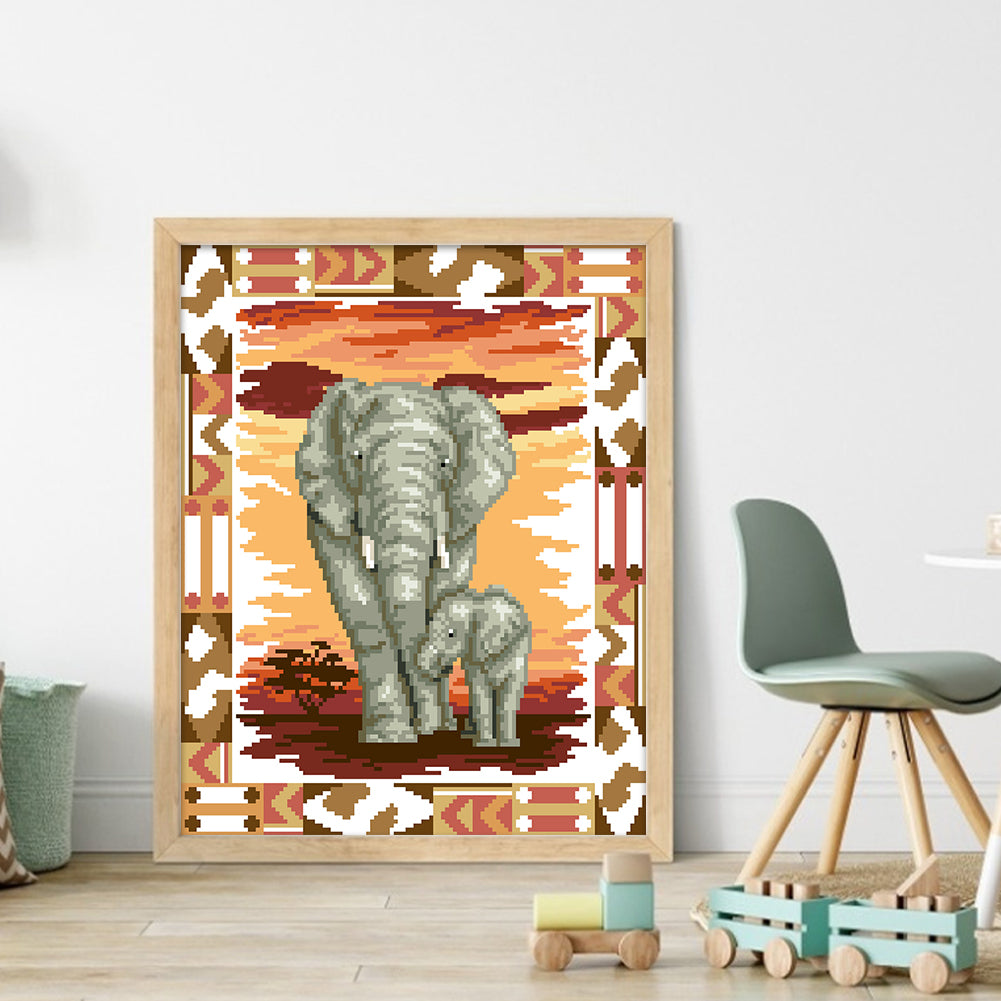 Mother Elephant & Calf - Partial 9CT Stamped Cross Stitch - Bead Embroidery 35x42CM/13.78x16.54in