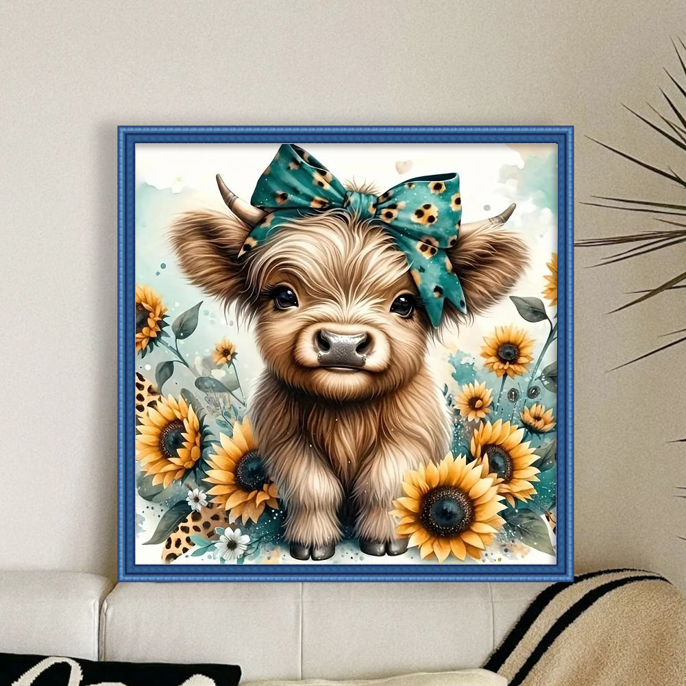 Highland Cow And Sunflower - Full 11CT Stamped Cross Stitch 40x40CM - Yishu