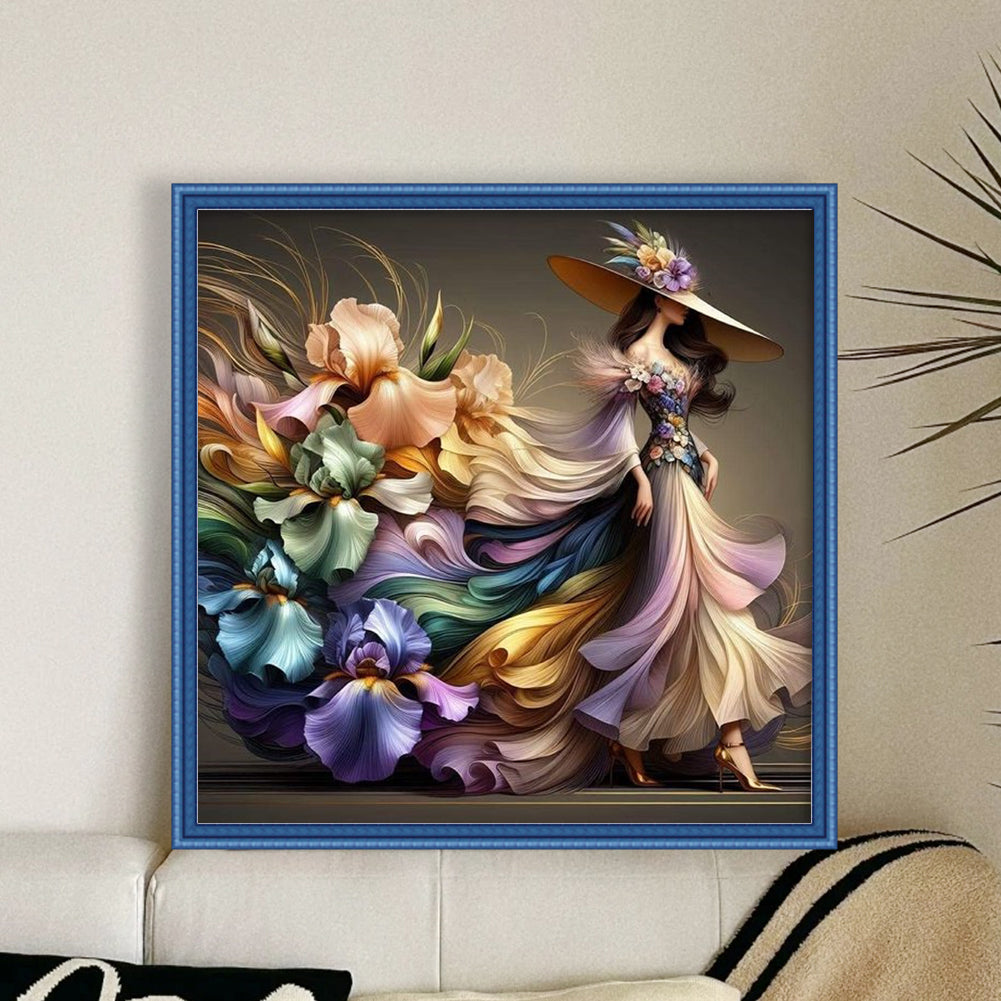 Girl In Floral Dress - Full 11CT Stamped Cross Stitch 45x45CM - Huacan