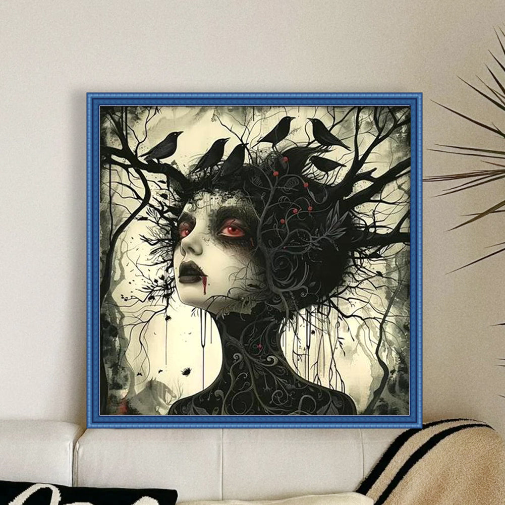Girl With Crow - Full 11CT Stamped Cross Stitch 40x40CM - Huacan