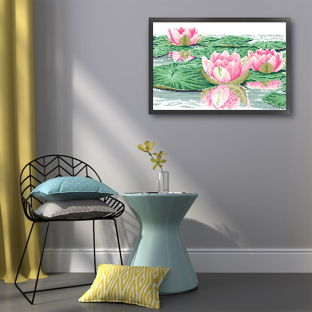 Lotus - Partial 9CT Stamped Cross Stitch - Bead Embroidery 47x34CM/18.50x13.39in