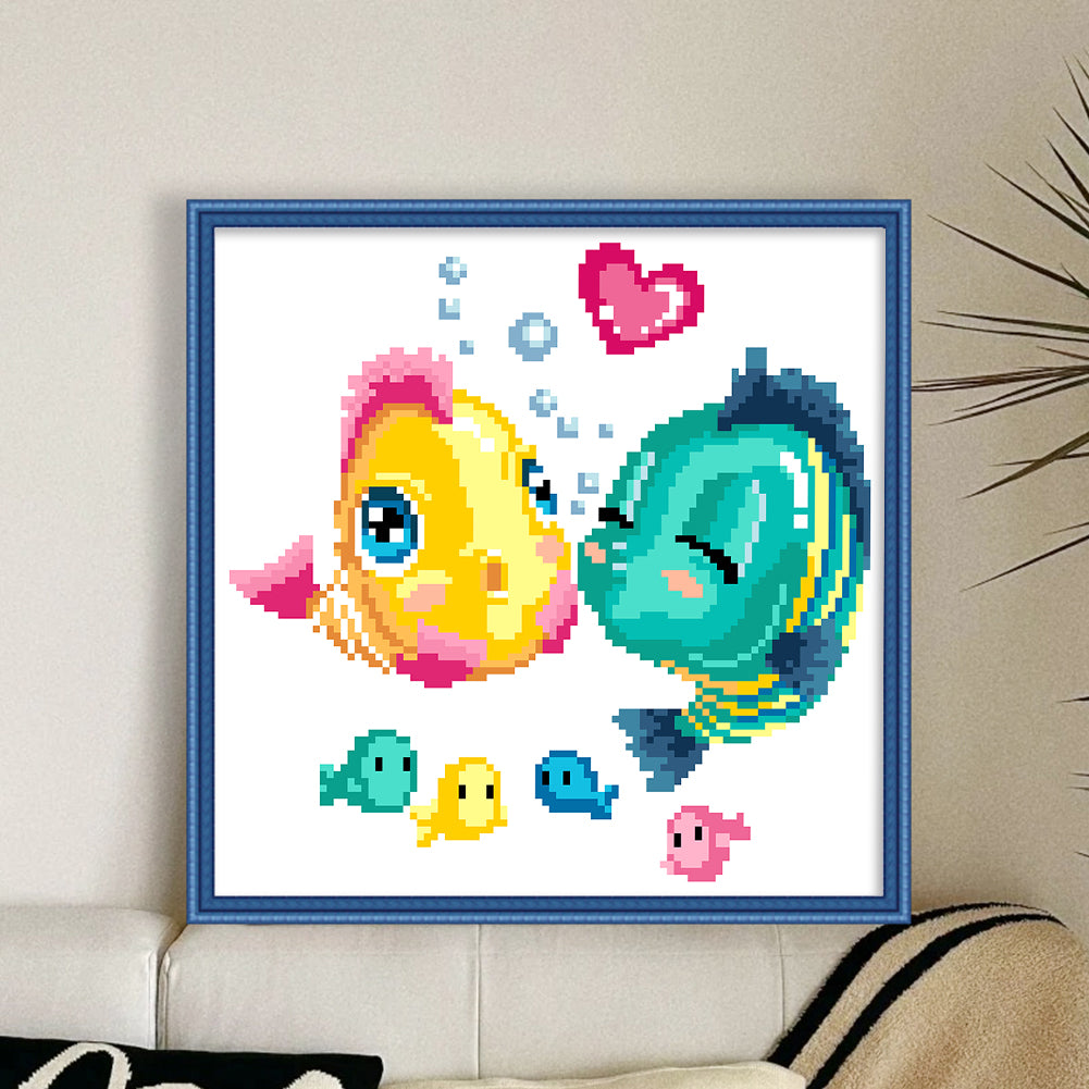 Kissing Fish - Partial 9CT Stamped Cross Stitch - Bead Embroidery 27x27CM/10.63x10.63in