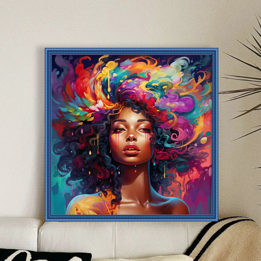 Psychedelic African Girl - Full 11CT Stamped Cross Stitch 40x40CM - Yishu