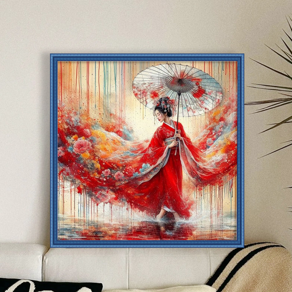 Girl In Red Kimono - Full 11CT Stamped Cross Stitch 50x50CM - Yishu