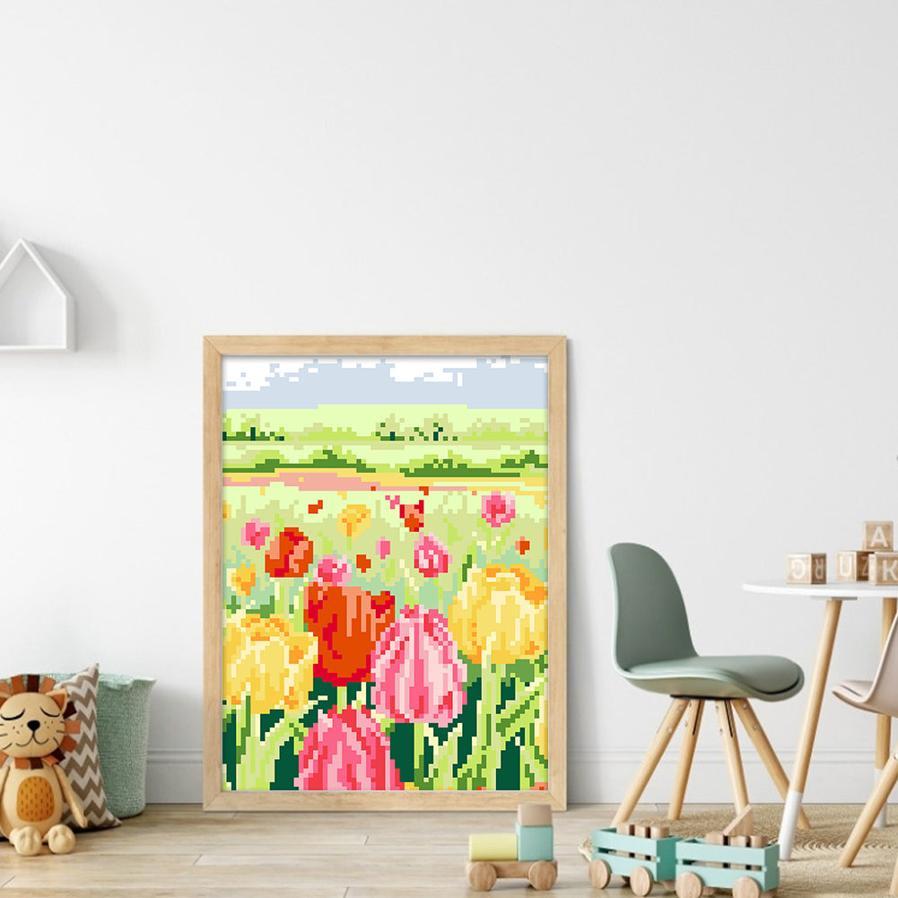 Tulip Field - Partial 9CT Stamped Cross Stitch - Bead Embroidery 20x28CM/7.87x11.02in